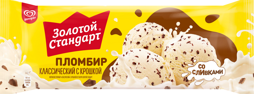 Мороженое ЗОЛОТОЙ СТАНДАРТ Пломбир классический с шоколадной крошкой 12%, без змж, пакет, 400г (Россия, 400 г)