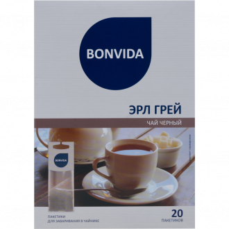 Чай черный BONVIDA Эрл Грей с ароматом бергамота для заваривания в 
чайнике, 20пак (Россия, 20 пак)
