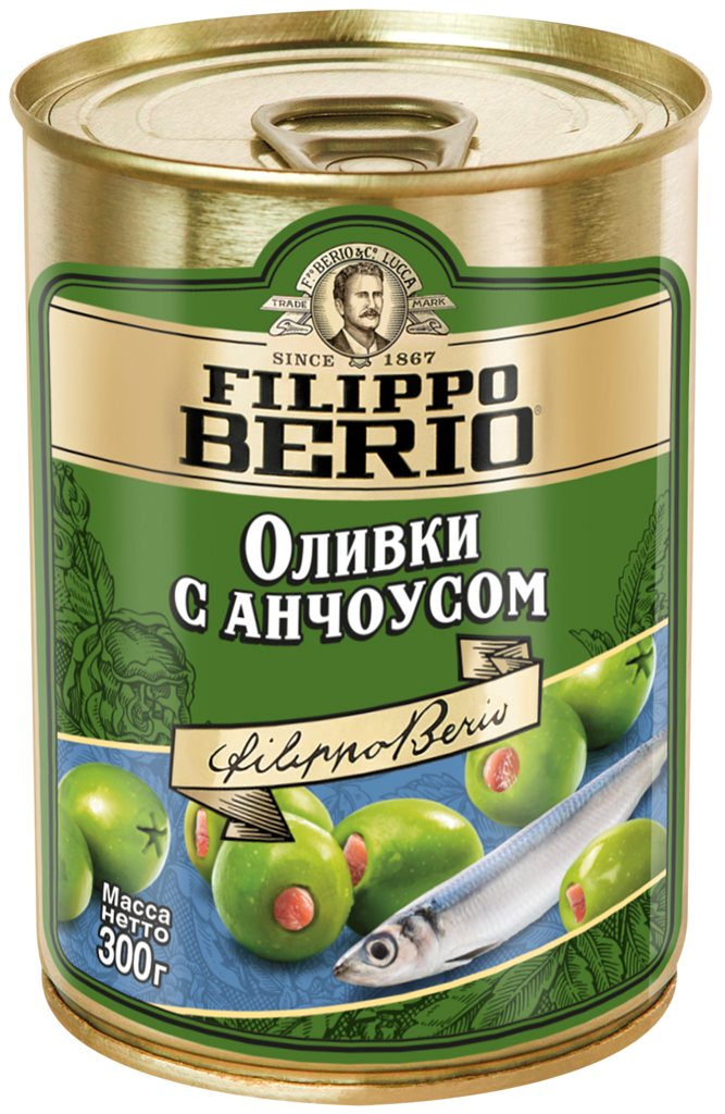 Оливки без косточки FILIPPO BERIO с анчоусом, 300г (Испания, 300 г)