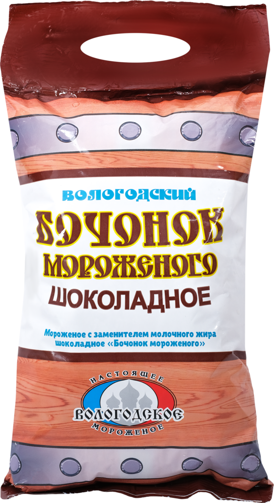 Мороженое ВОЛОГОДСКИЙ ПЛОМБИР Бочонок, шоколадное 12%, с змж, пакет, 800г (Россия, 800 г)