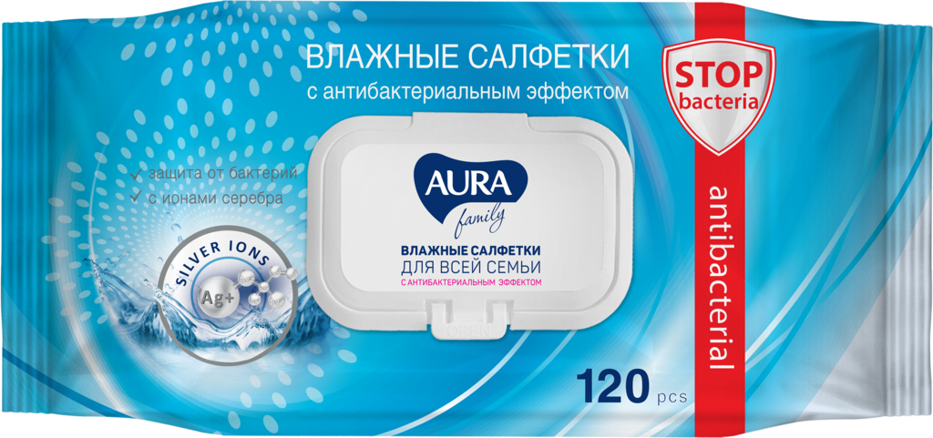 Салфетки влажные AURA Family, с антибактериальным эффектом, 120шт (Россия, 120 шт)
