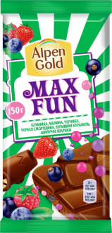 Шоколад молочный ALPEN GOLD Max Fun c фруктово-ягодными кусочками со вкусом клубники, малины, черники, черной смородины, взрывной кармели, шипучих шариков, 150г (Россия, 150 г)