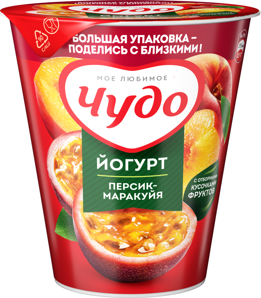 Йогурт ЧУДО Персик, маракуя 2%, без змж, 290г (Россия, 290 г)