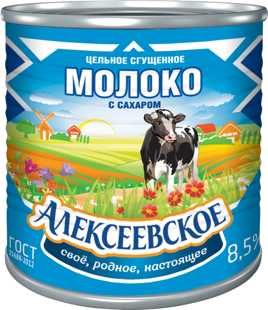 Молоко сгущенное АЛЕКСЕЕВСКОЕ цельное с сахаром 8,5%, без змж ГОСТ, 380г (Россия, 380 г)
