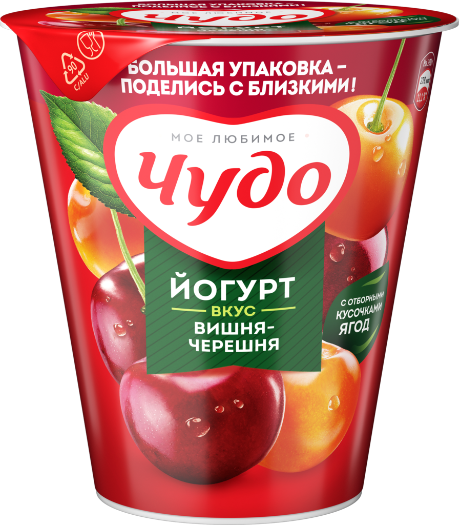 Йогурт ЧУДО Вишня, черешня 2%, без змж, 290г (Россия, 290 г)