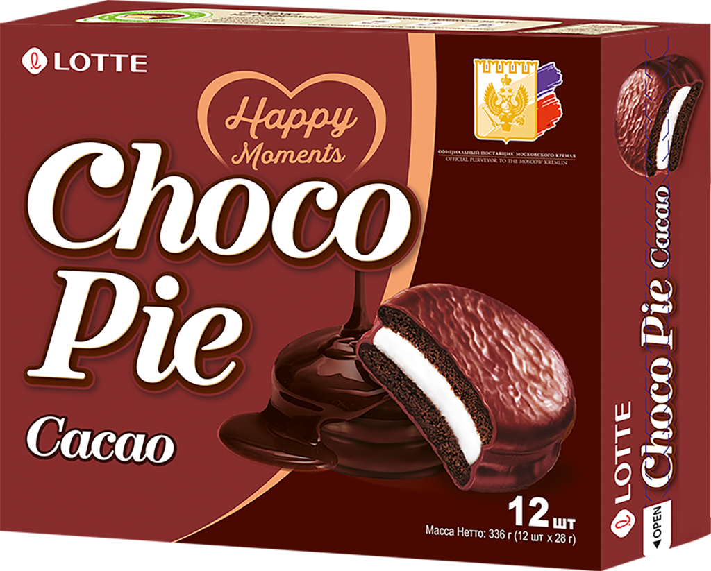 Пирожное LOTTE Choco Pie cacao бисквитное в шоколадной глазури, 12х28г (Россия, 336 г)