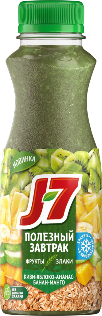 Продукт питьевой J7 Полезный Завтрак из яблок, бананов, ананасов, манго с ржаными хлопьями и киви, 300мл (Россия, 300 мл)