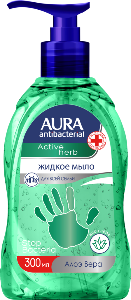 Жидкое мыло AURA Active Herb с антибактериальным эффектом, с алоэ вера, 300мл (Россия, 300 мл)