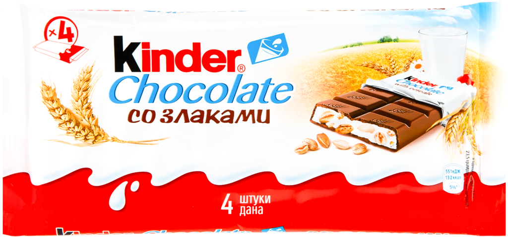 Шоколад KINDER Chocolate with cereals с молочно-злаковой начинкой, 4х24г (Италия, 96 г)