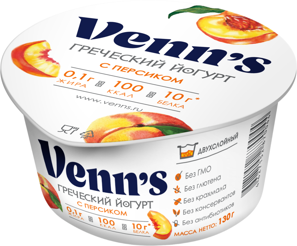 Йогурт VENN'S Греческий с персиком 0,1%, без змж, 130г (Россия, 130 г)