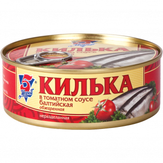 Килька 5 МОРЕЙ в томатном соусе, обжаренная, 240г (Россия, 240 г)