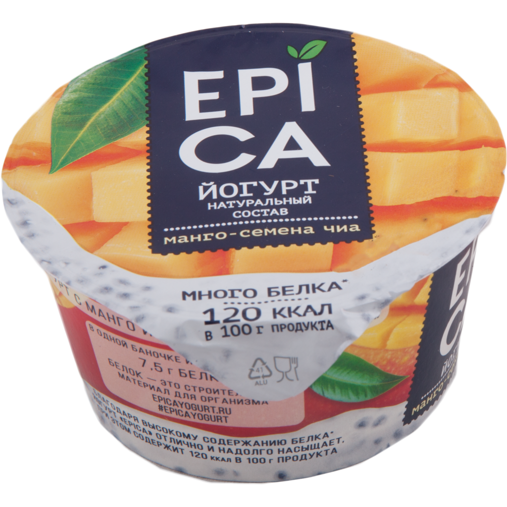 Йогурт EPICA с манго и семенами чиа 5%, без змж, 130г (Россия, 130 г)