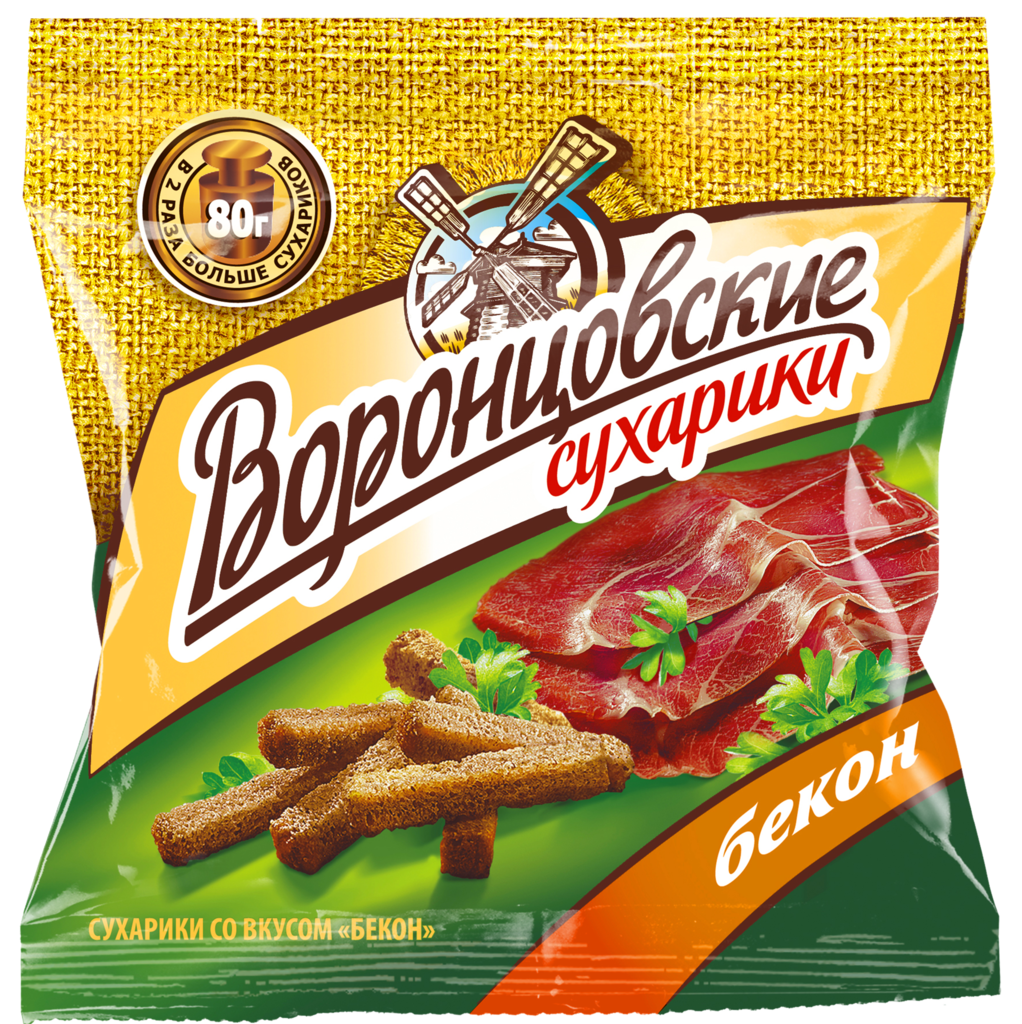 Сухарики ВОРОНЦОВСКИЕ ржано-пшеничные, со вкусом бекона, 80г (Россия, 80 г)