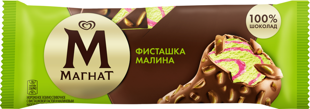 Мороженое МАГНАТ Фисташка-Малина, сливочное в молочном шоколаде, без змж, эскимо, 70г (Россия, 70 г)