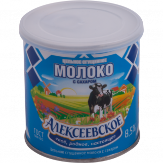 Молоко сгущенное АЛЕКСЕЕВСКОЕ цельное с сахаром 8,5%, без змж ГОСТ, 360г (Россия, 360 г)