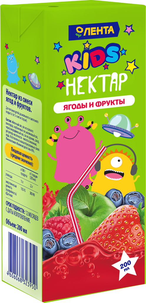 Нектар ЛЕНТА Kids из смеси ягод и фруктов, 0.2л (Россия, 0.2 L)