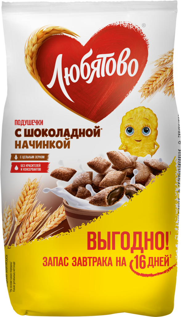 Готовый завтрак ЛЮБЯТОВО Подушечки с шоколадной начинкой, 500г (Россия, 500 г)