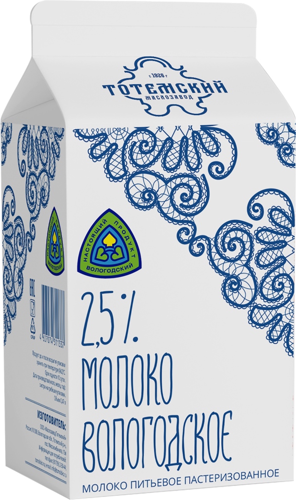 Молоко пастеризованное ТОТЕМСКИЙ 2,5%, без змж, 470мл (Россия, 470 мл)