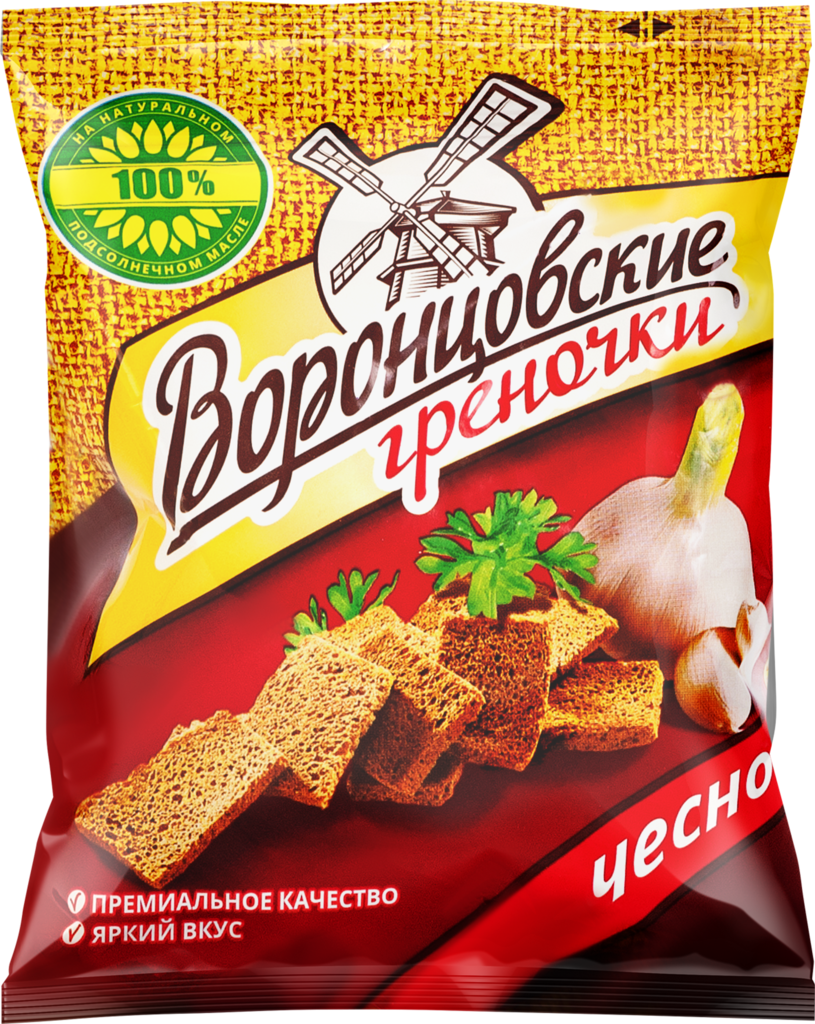 Сухарики ржаные ВОРОНЦОВСКИЕ со вкусом чеснока, 60г (Россия, 60 г)