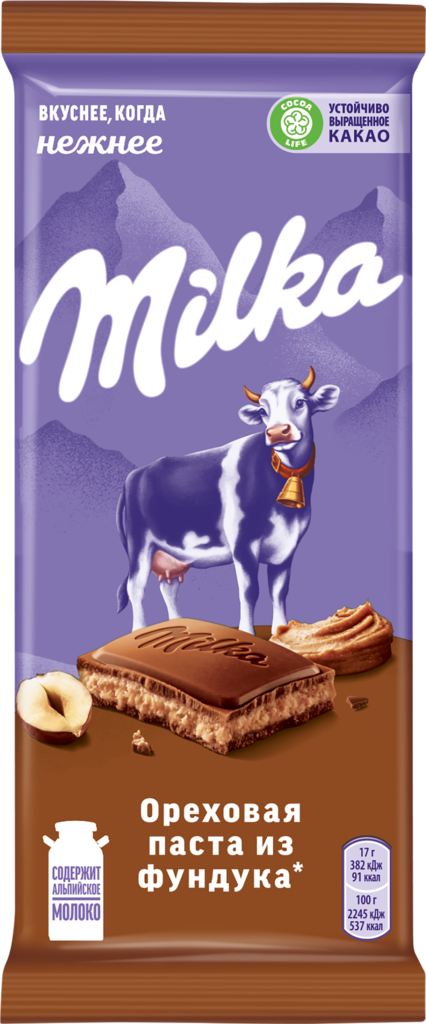 Шоколад молочный MILKA с дробленым орехом, пастой из фундука и с дробленым фундуком, 85г (Россия, 85 г)