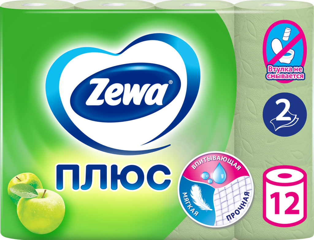 Бумага туалетная ZEWA Plus 2-слоя с ароматом яблока, 12шт (Россия, 12 шт)